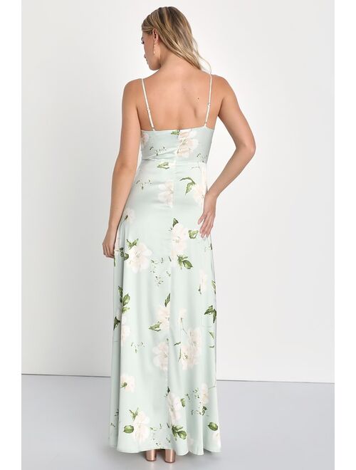 Lulus Radiant Occasion Light Green Floral Satin A-Line Maxi Dress