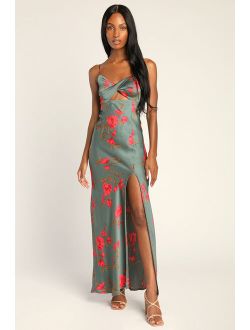 Fit for the Fete Sage Green Floral Satin Maxi Dress