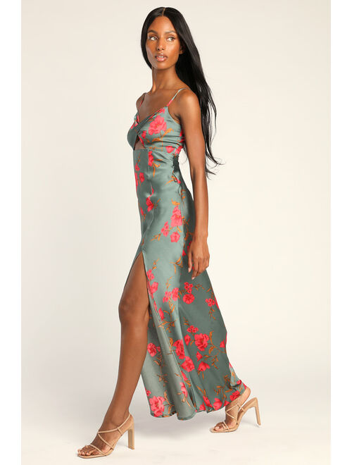 Lulus Fit for the Fete Sage Green Floral Satin Maxi Dress