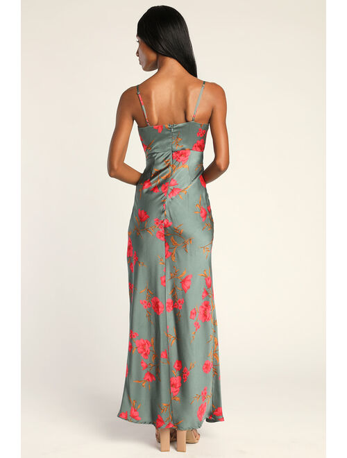 Lulus Fit for the Fete Sage Green Floral Satin Maxi Dress