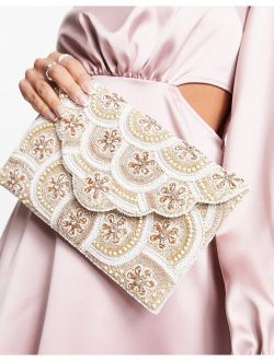 scalloped beaded envelope clutch bag in cream and gold