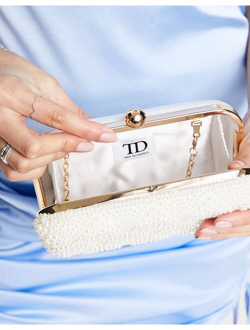 True Decadence pearl heart embellished clutch bag in white