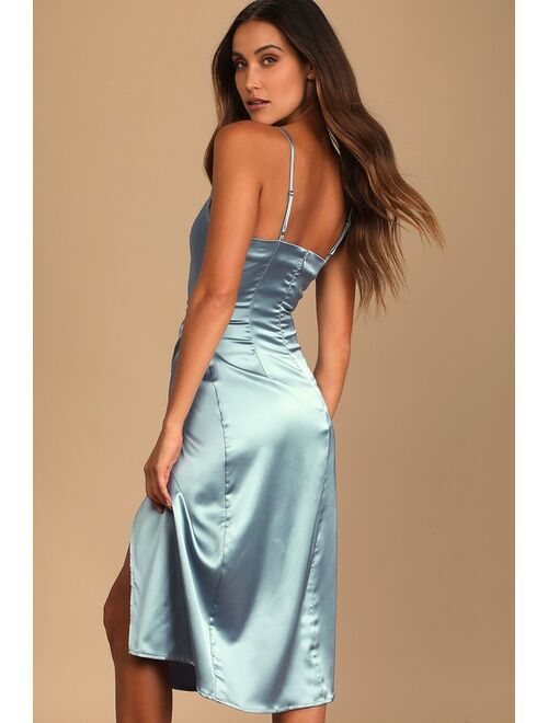 Lulus Hollywood Woman Dusty Blue Satin Midi Dress