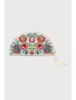 Eclectic Aura Ivory Embroidered Beaded Half Moon Clutch