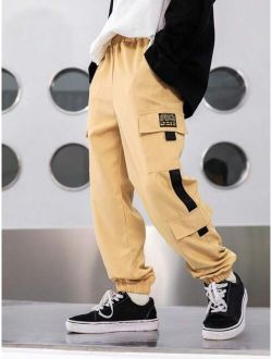 Tween Boy Letter Patched Flap Pocket Side Cargo Pants
