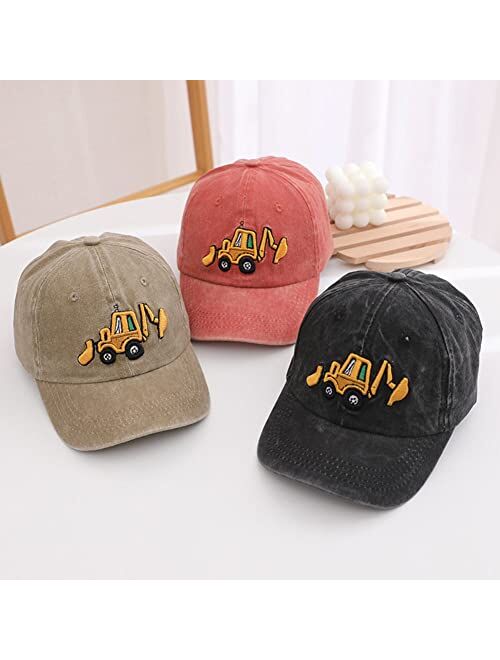 Kabake Cute Embroidery Excavator Kids Baseball Cap Adjustable Cotton Washed Vintage Cowboy Hat for Boys Girls Age 2-8