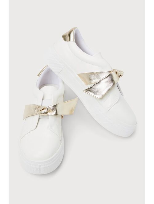Lulus Calissa White and Gold Bow Flatform Sneakers