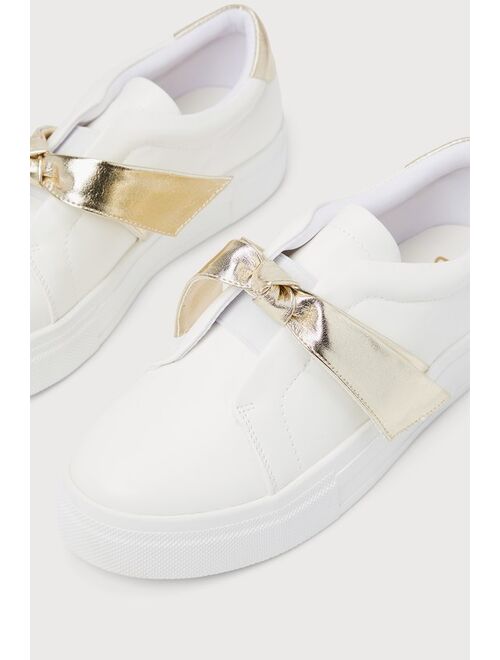 Lulus Calissa White and Gold Bow Flatform Sneakers