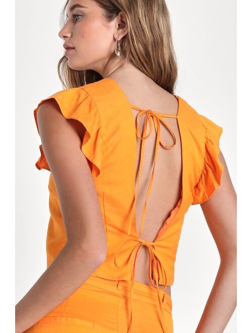 Lulus Cheers to Sunshine Orange Linen Ruffled Tie-Back Crop Top