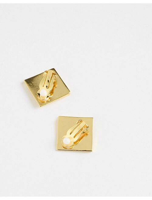 ASOS DESIGN 14k gold plated stud clip on earrings with curved square design
