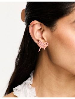 DesignB London velvet bow stud earrings in pink