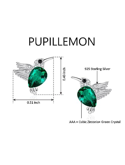 PUPILLEMON Sterling Silver Hummingbird Stud Earrings Jewelry for Women Girls, Green Crystal Silver Bird Earrings for Women Gifts