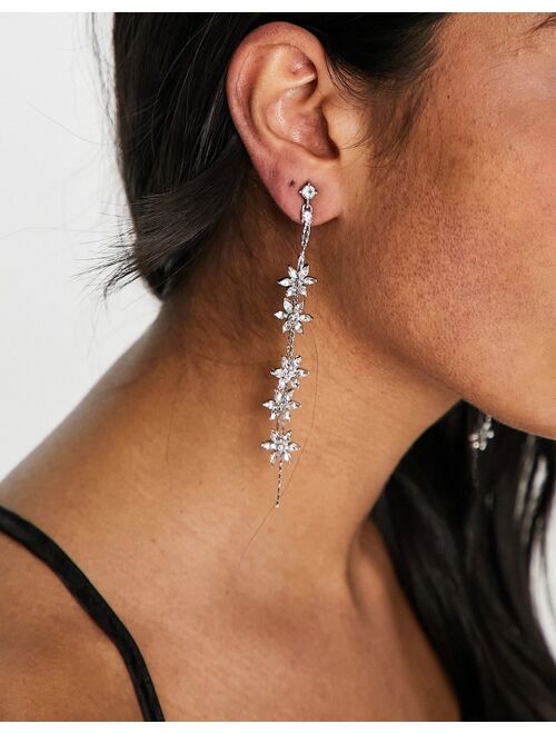 ASOS DESIGN drop earrings with floral crystal chain design in silver tone