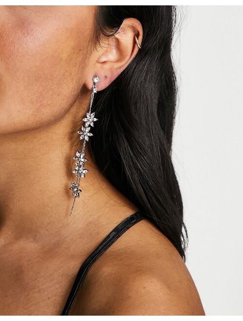 ASOS DESIGN drop earrings with floral crystal chain design in silver tone