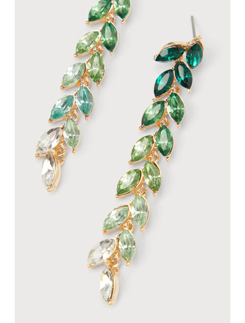 Lulus Fabulous Growth Green Ombre Rhinestone Leaf Drop Earrings