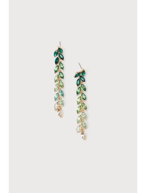 Lulus Fabulous Growth Green Ombre Rhinestone Leaf Drop Earrings