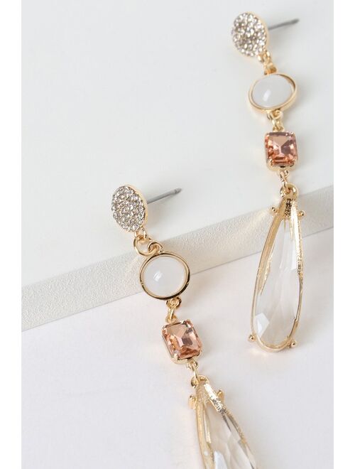 Lulus Drop of Elegance Gold Multi Rhinestone Drop Earrings