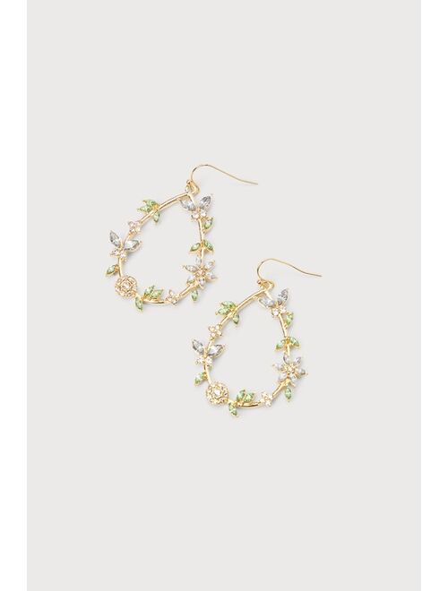 Lulus Fabulously Flourishing Gold Rhinestone Floral Teardrop Earrings