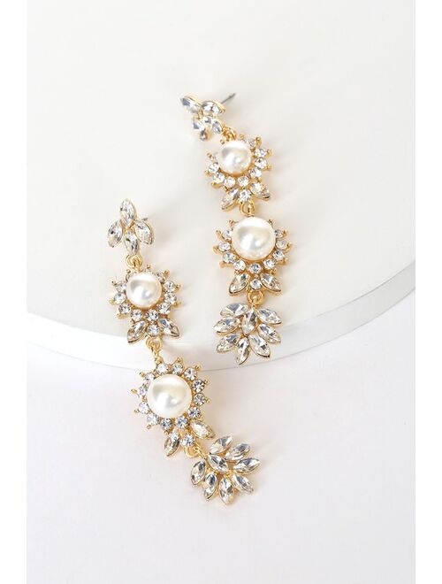 Lulus Ready To Be Regal Gold Pearl and Rhinestone Drop Earrings