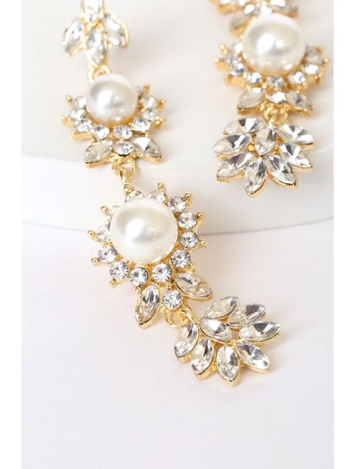 Lulus Ready To Be Regal Gold Pearl and Rhinestone Drop Earrings