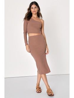 Cute Culture Brown Ribbed One-Shoulder Two-Piece Midi Dress