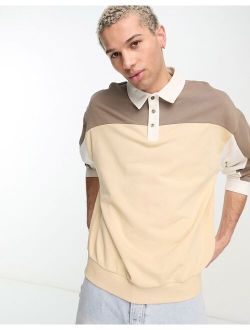 oversized color block polo sweatshirt in tonal beige & brown
