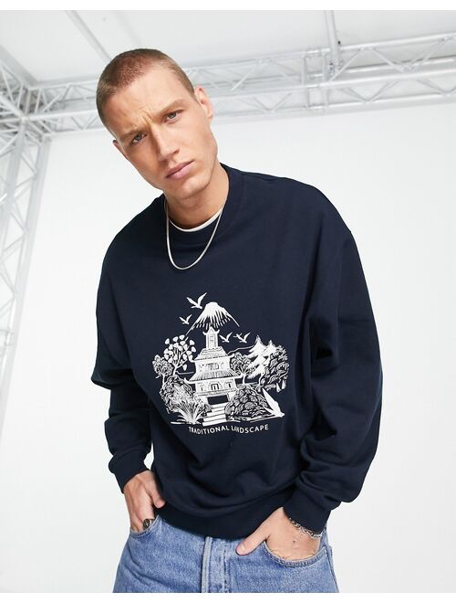 ASOS DESIGN oversized sweatshirt in navy with souvenir sketch front print