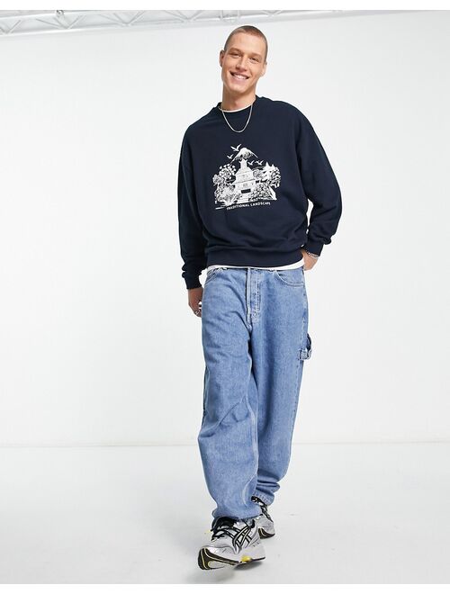 ASOS DESIGN oversized sweatshirt in navy with souvenir sketch front print