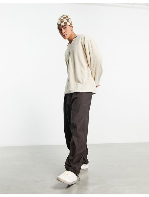 ASOS DESIGN oversized sweatshirt with flute sleeve and collared neck in beige towelling