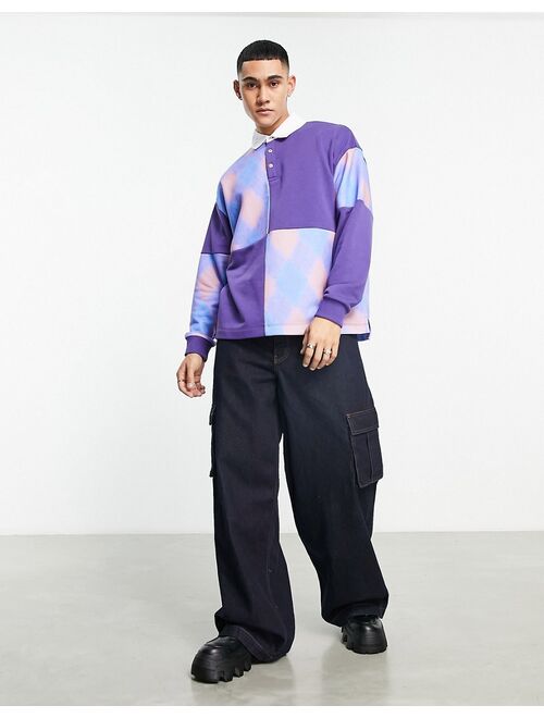 ASOS DESIGN oversized polo sweatshirt with check paneling in purple