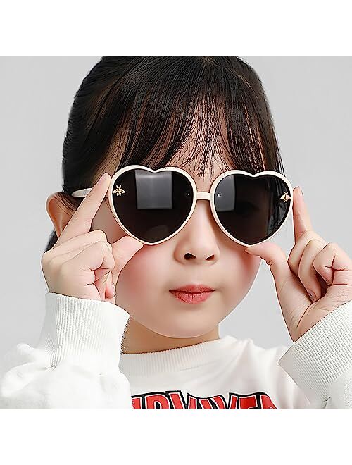 JINHUIBBA Kids Heart shaped Sunglasses Cute Bee Frame Age 3-10 UV400 Protection Fashion Sunnies for Outdoor Summer