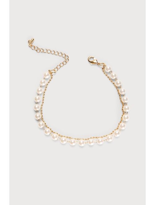 Lulus Classy and Cute Gold Pearl Ball Chain Bracelet