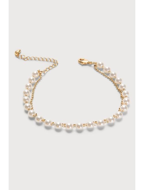 Lulus Classy and Cute Gold Pearl Ball Chain Bracelet