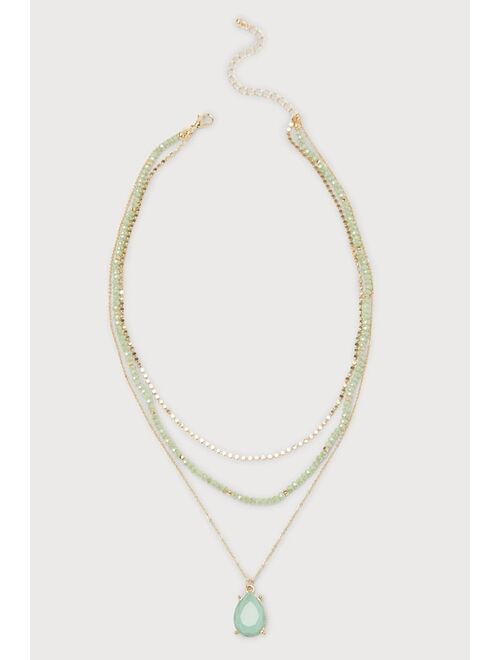 Lulus Glowing Impression Gold and Green Beaded Layered Necklace