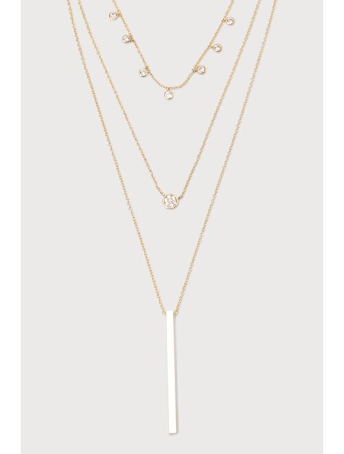 Lulus Glowing Geometry Gold Rhinestone Bar Pendant Layered Necklace