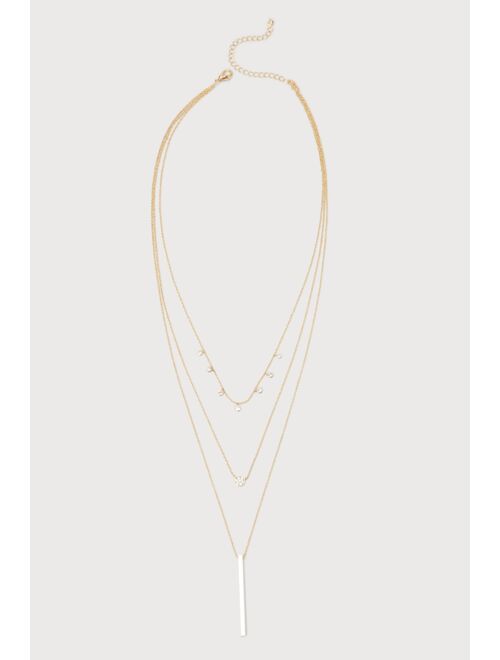 Lulus Glowing Geometry Gold Rhinestone Bar Pendant Layered Necklace