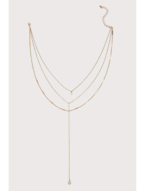 Lulus Delightful Glow Gold Rhinestone Layered Lariat Chain Necklace
