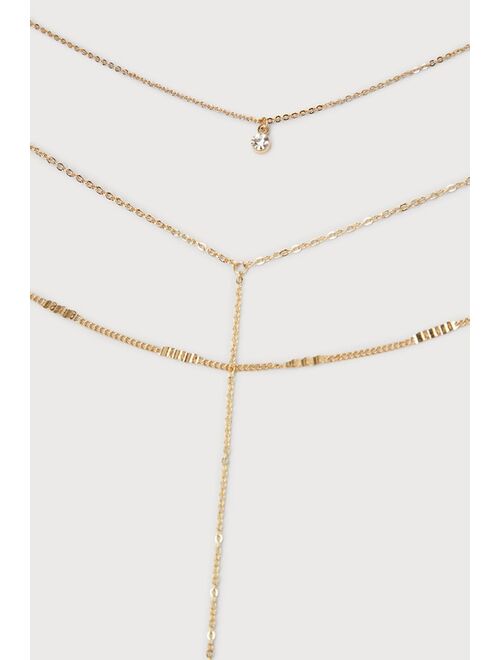 Lulus Delightful Glow Gold Rhinestone Layered Lariat Chain Necklace