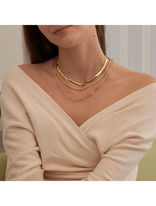 CHESKY Layered Gold Necklaces for Women, 14K Gold/Sterling Silver Chain Necklaces Stacked Herringbone Rope Paperclip Chain Necklaces Chunky Gold Snake Choker Necklaces Tr