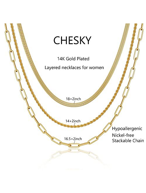 CHESKY Layered Gold Necklaces for Women, 14K Gold/Sterling Silver Chain Necklaces Stacked Herringbone Rope Paperclip Chain Necklaces Chunky Gold Snake Choker Necklaces Tr