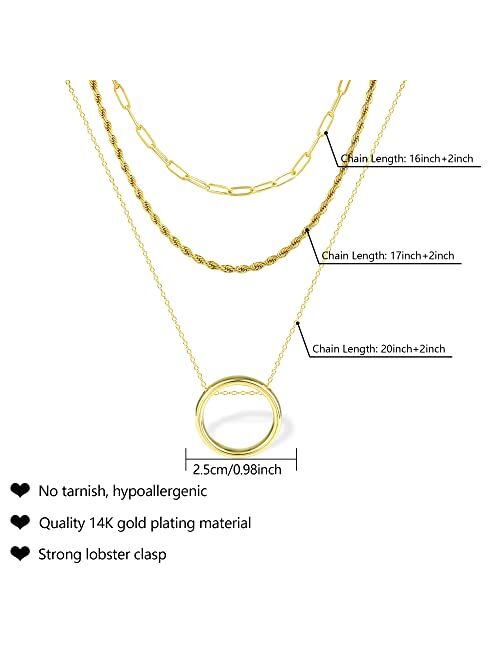 BOUTIQUELOVIN 3 Layered Chain Necklaces for Women 2023 Trendy Fashion Necklaces with Circle Pendant Gold/Silver