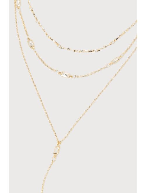 Lulus Gleaming Aesthetic 14KT Gold Cubic Zirconia Three-Layer Necklace