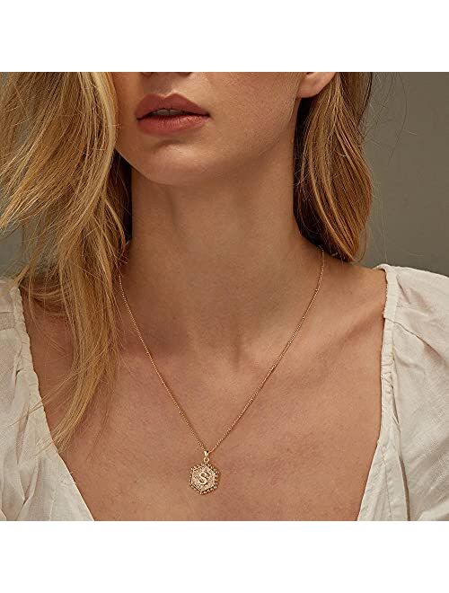 Turandoss Gold Layered Initial Necklaces for Women, 14K Gold Plated Bar Necklace Handmade Layering Hexagon Letter Pendant Beads Chain Necklace Layered Necklaces for Women