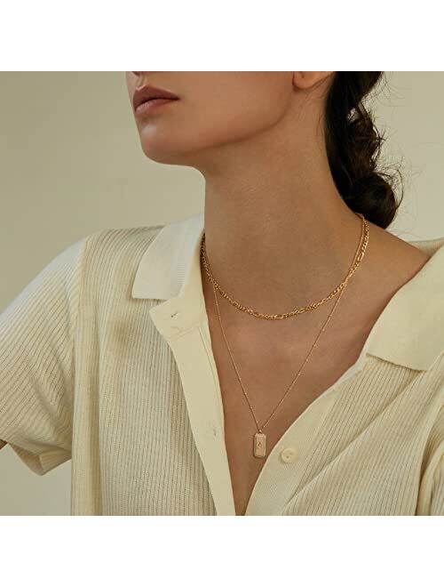 TONTMY STUDIOS Necklace for Women Gold Figaro Chain Choker Layered Set Initial Bar Rectangle Pendant CZ 2 Layer 14K Gold Filled Simple Dainty Satellite Chain Everyday Per