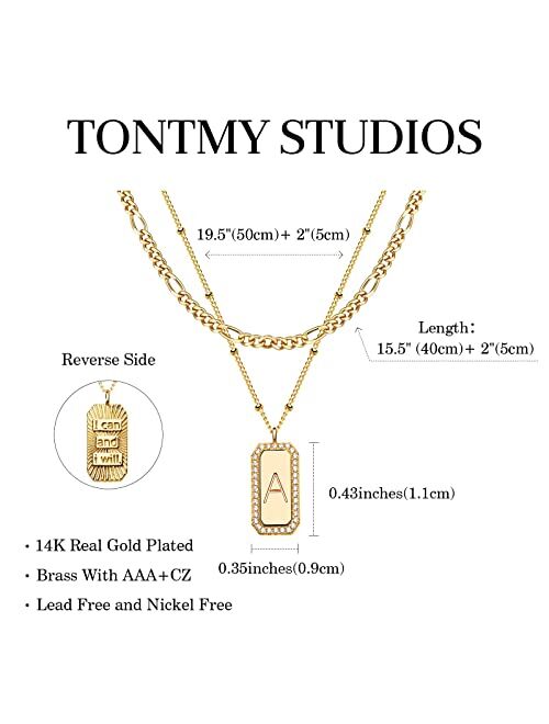TONTMY STUDIOS Necklace for Women Gold Figaro Chain Choker Layered Set Initial Bar Rectangle Pendant CZ 2 Layer 14K Gold Filled Simple Dainty Satellite Chain Everyday Per