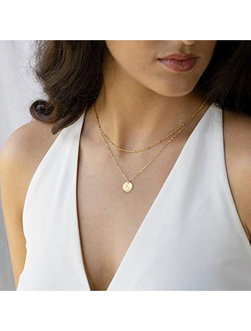 IEFWELL Initial Necklaces for Women, Gold White Gold Rose Gold Double Side Engraved Hammered Coin Necklaces for Women Initial Necklace Layered Initial Necklaces for Women