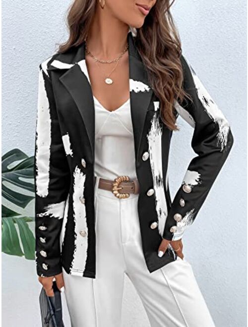 WDIRARA Women's Graphic Double Breasted Elegant Open Front Lapel Blazer Jacket