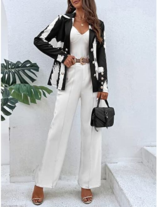 WDIRARA Women's Graphic Double Breasted Elegant Open Front Lapel Blazer Jacket