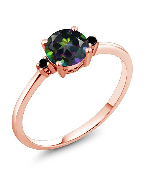 Gem Stone King 10K Rose Gold Engagement Solitaire Ring set with 1.03 Ct Round Green Mystic Topaz and Black Diamonds