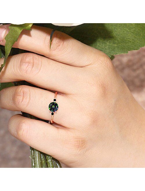 Gem Stone King 10K Rose Gold Engagement Solitaire Ring set with 1.03 Ct Round Green Mystic Topaz and Black Diamonds